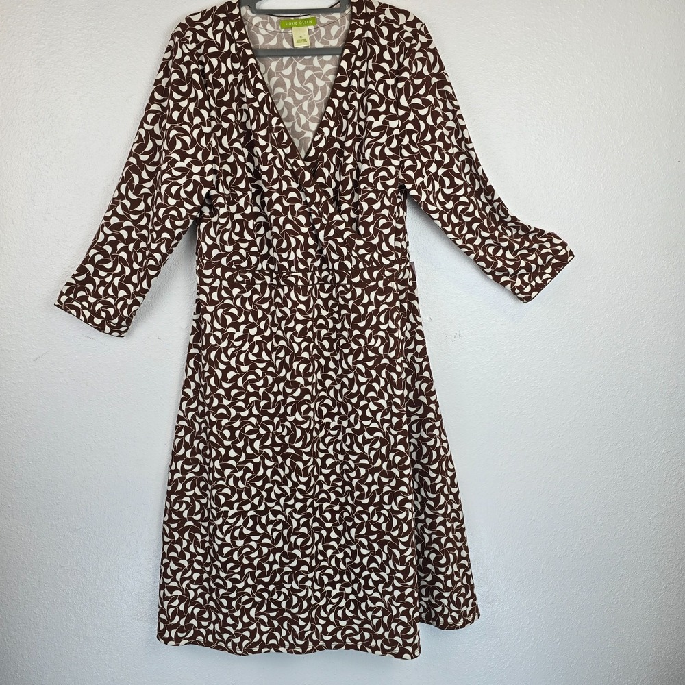 Sigrid Olsen A-Line Dress Women's XL Brown White Geometric Wrap V Neck Pullover